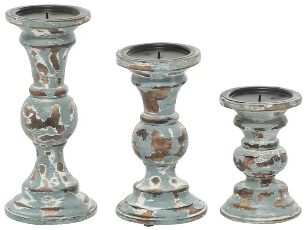 Ivy Collection Set of 3 Light Blue Wood Candle Holders