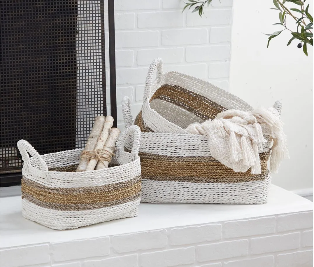 Ivy Collection Set of 2 Striped Rectangle Baskets in White by UMA Enterprises