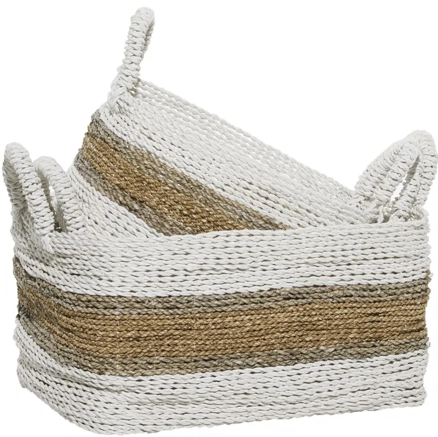 Ivy Collection Set of 2 Striped Rectangle Baskets in White by UMA Enterprises