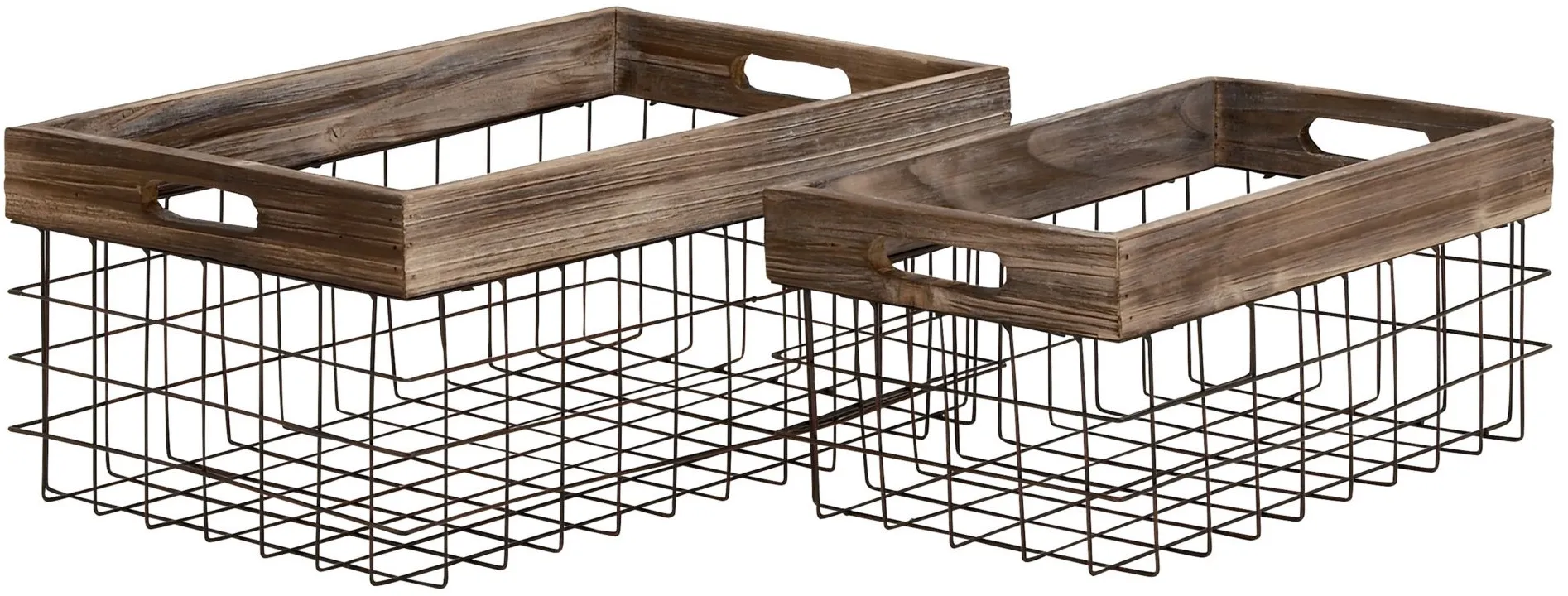 Ivy Collection Set of 2 Metal and Wood Farmhouse Baskets in Black by UMA Enterprises