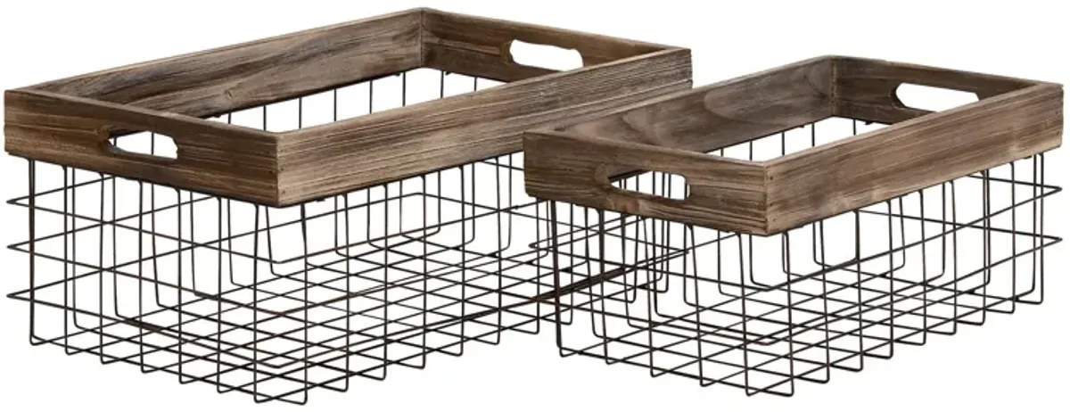 Ivy Collection Set of 2 Metal and Wood Farmhouse Baskets