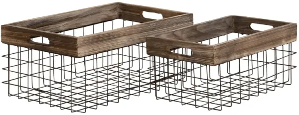 Ivy Collection Set of 2 Metal and Wood Farmhouse Baskets