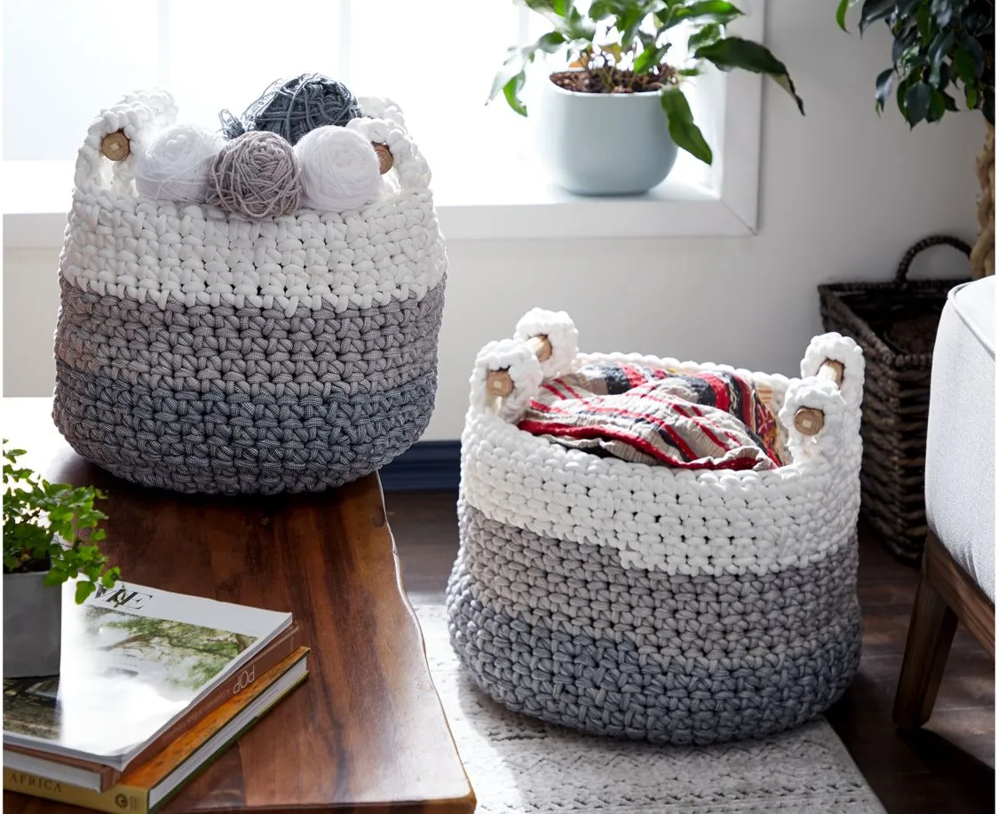 Ivy Collection Set of 2 Striped Tote Baskets in White by UMA Enterprises