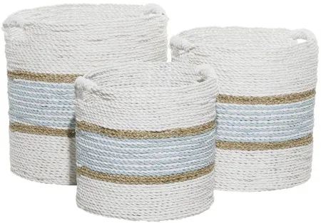 Ivy Collection Set of 3 Striped Seagrass Baskets in White by UMA Enterprises