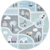 Carousel Cars Kids Area Rug Round in Gray & Light Blue by Safavieh