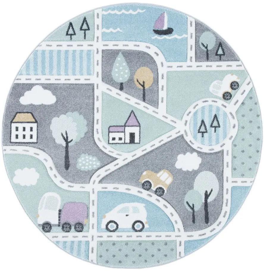 Carousel Cars Kids Area Rug Round in Gray & Light Blue by Safavieh