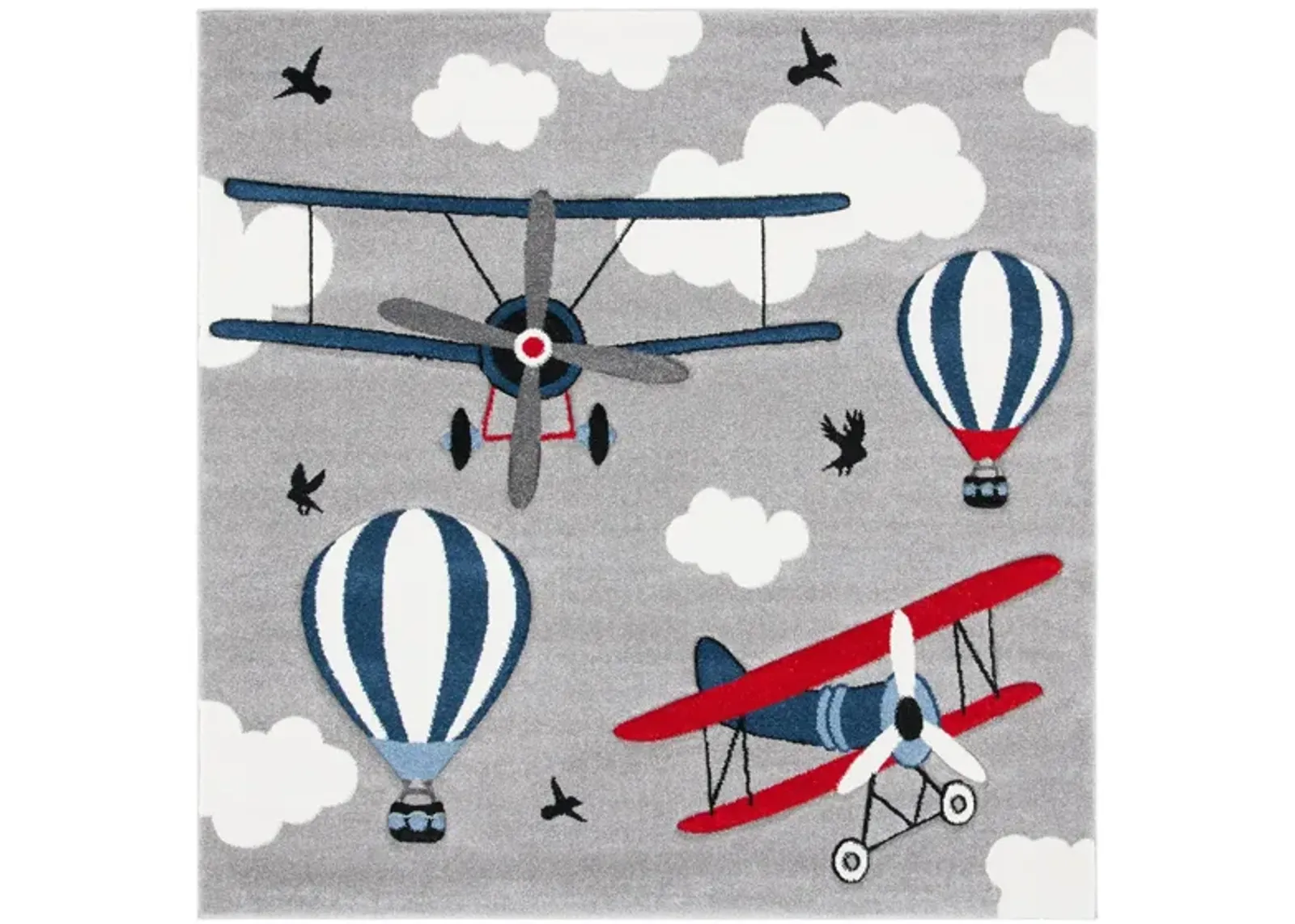 Carousel Airplanes Kids Area Rug in Light Gray & Red by Safavieh