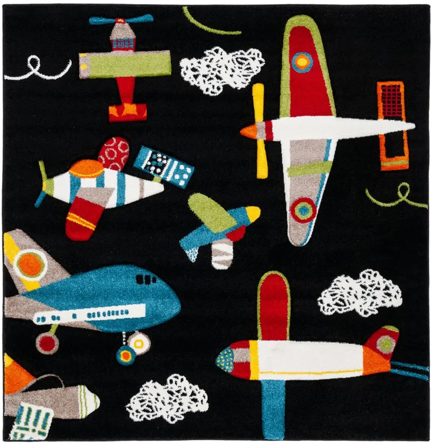 Carousel Planes Kids Area Rug in Black & Ivory by Safavieh