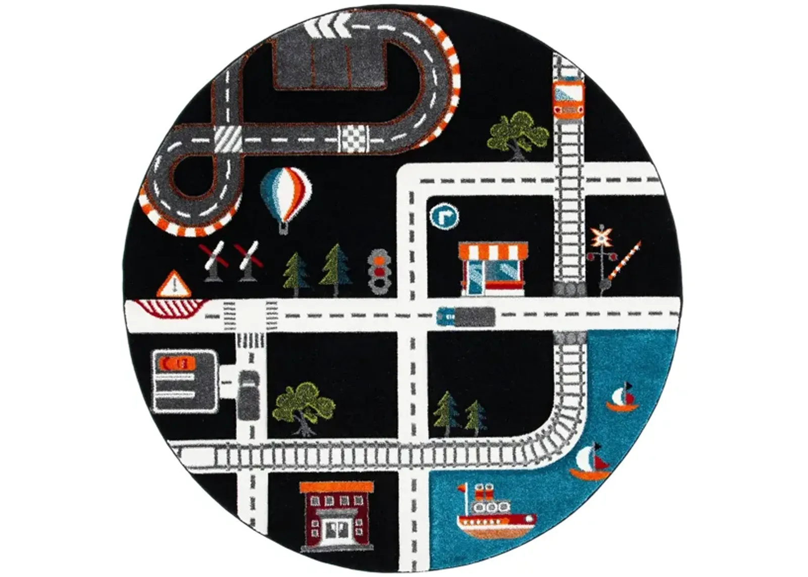 Carousel Cars Kids Area Rug Round in Black & Ivory by Safavieh