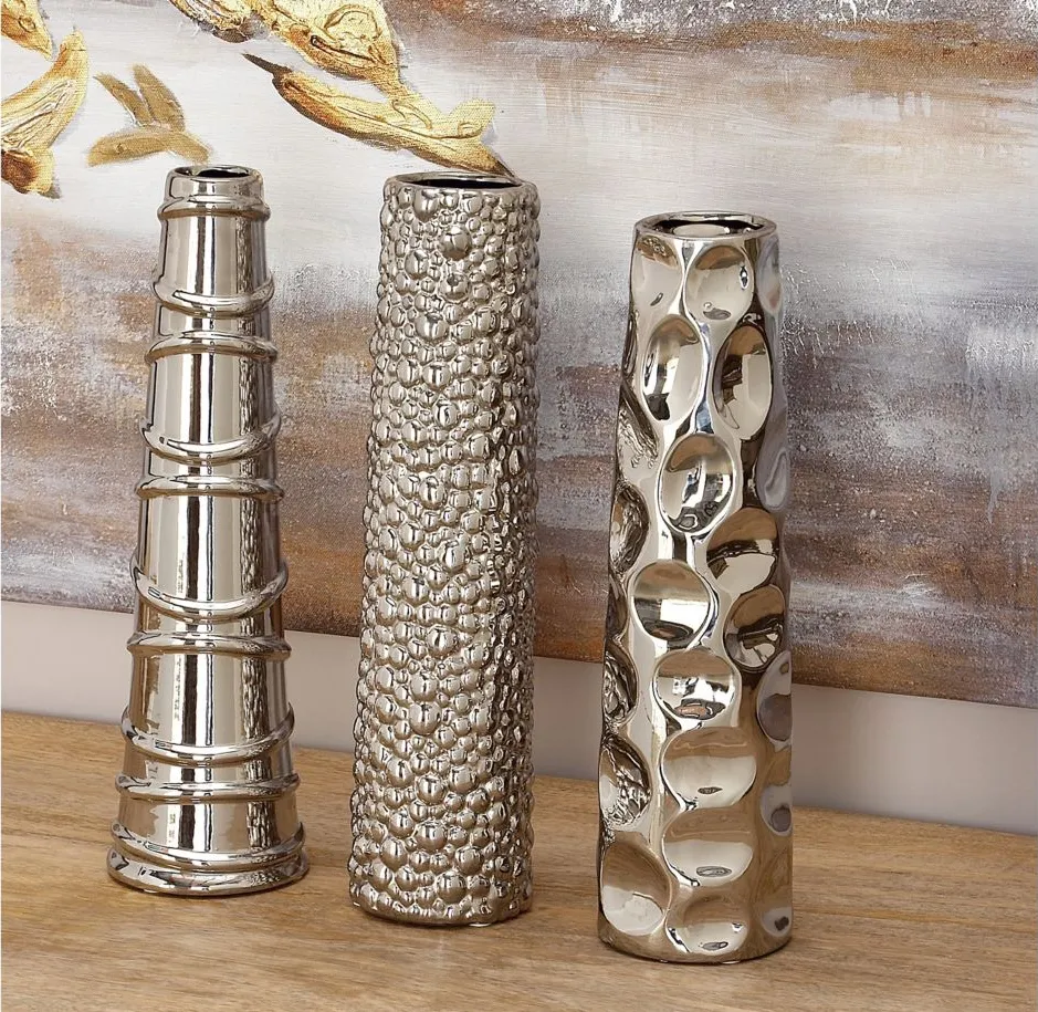 Ivy Collection Vilku Vase Set of 3 in Silver by UMA Enterprises