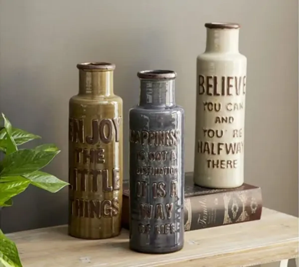 Ivy Collection Brown Ceramic Farmhouse Vase Set of 3