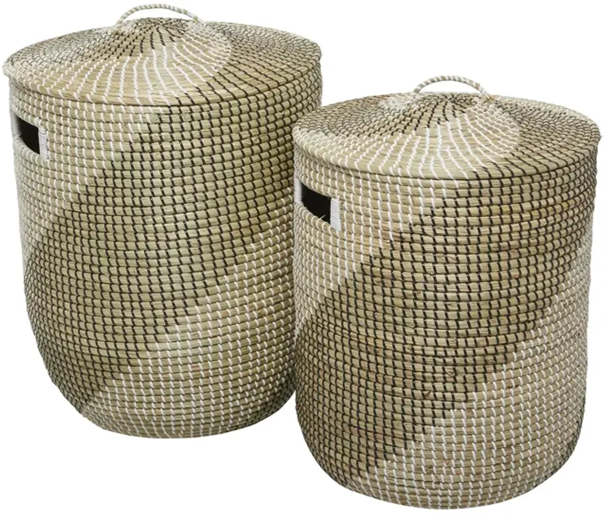 Ivy Collection Set of 2 Striped Water Hyacinth Lidded Baskets