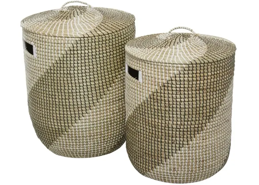 Ivy Collection Set of 2 Striped Water Hyacinth Lidded Baskets in Brown by UMA Enterprises