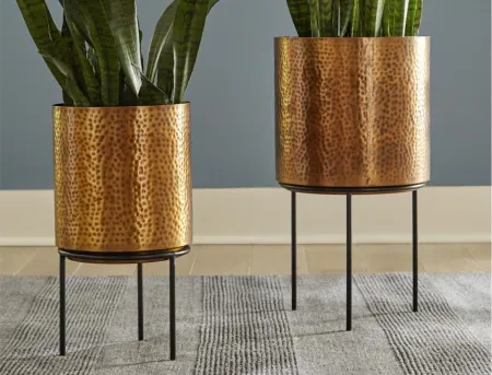 Donisha Mid-Century Modern Planter - Set of 2 in Antique Brass Finish by Ashley Express