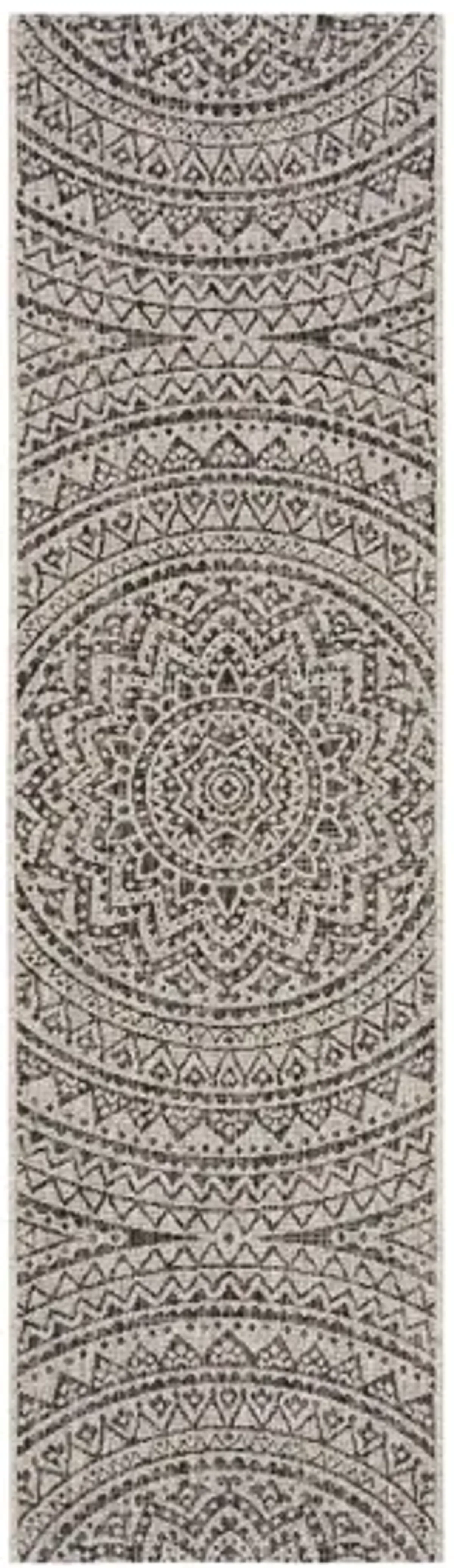 Courtyard Mandala Indoor/Outdoor Runner Rug in Light Gray & Black by Safavieh