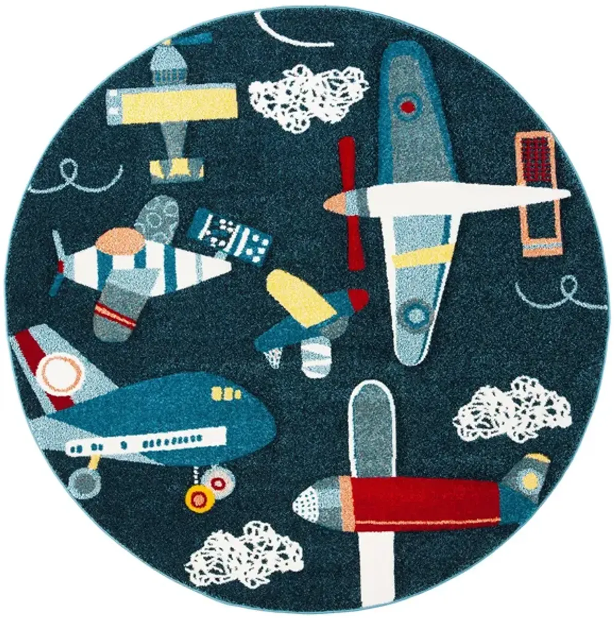 Carousel Planes Kids Area Rug Round in Navy & Ivory by Safavieh