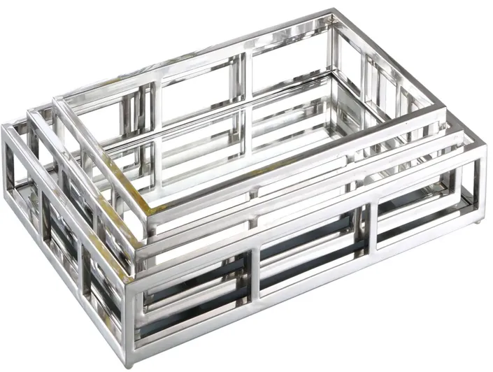 Rectangular Steel Mirrored Nesting Trays in Polished SS by Chintaly Imports