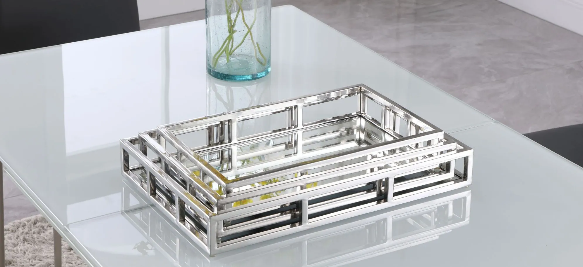 Rectangular Steel Mirrored Nesting Trays in Polished SS by Chintaly Imports