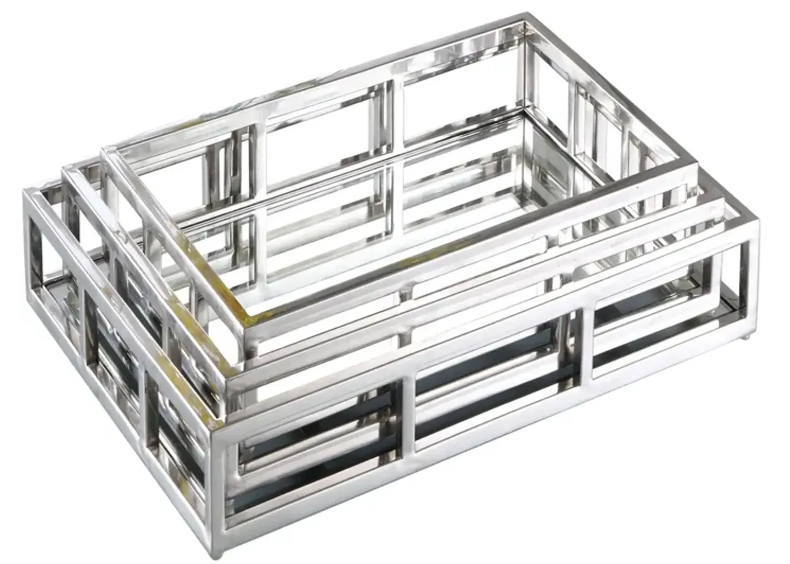 Rectangular Steel Mirrored Nesting Trays in Polished SS by Chintaly Imports