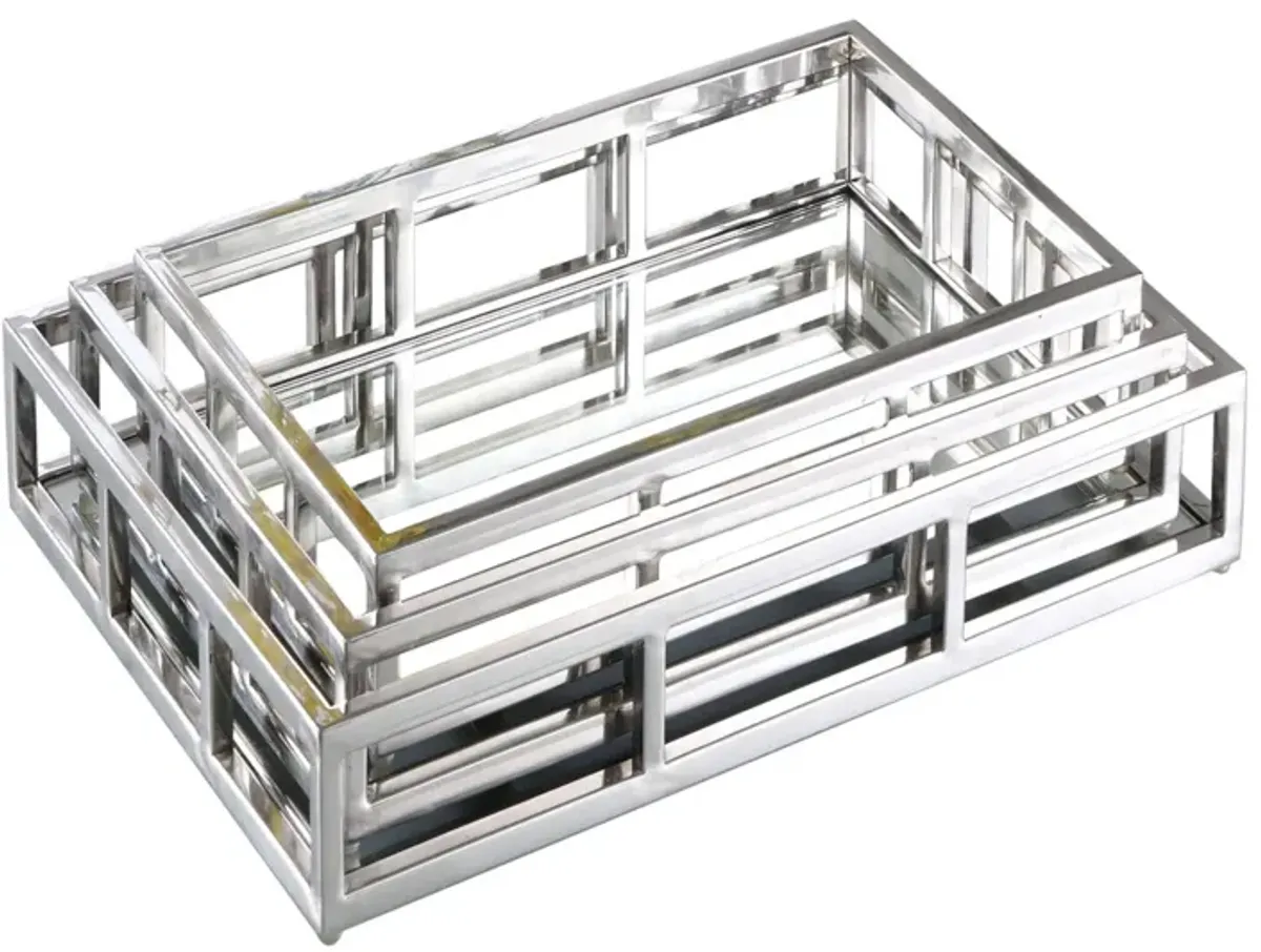 Rectangular Steel Mirrored Nesting Trays in Polished SS by Chintaly Imports