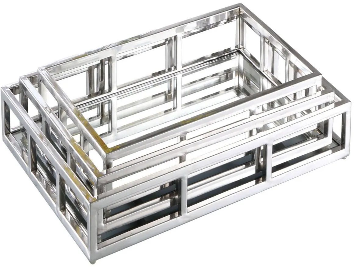 Rectangular Steel Mirrored Nesting Trays in Polished SS by Chintaly Imports