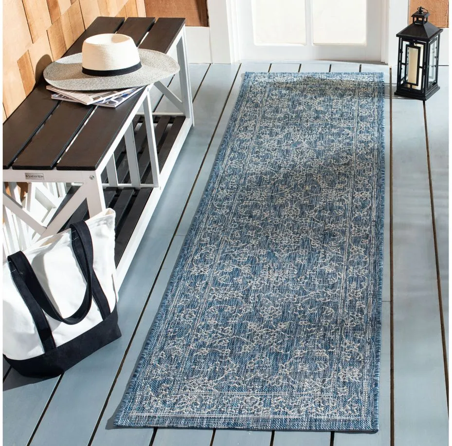 Courtyard Pacific Indoor/Outdoor Runner Rug in Navy & Ivory by Safavieh