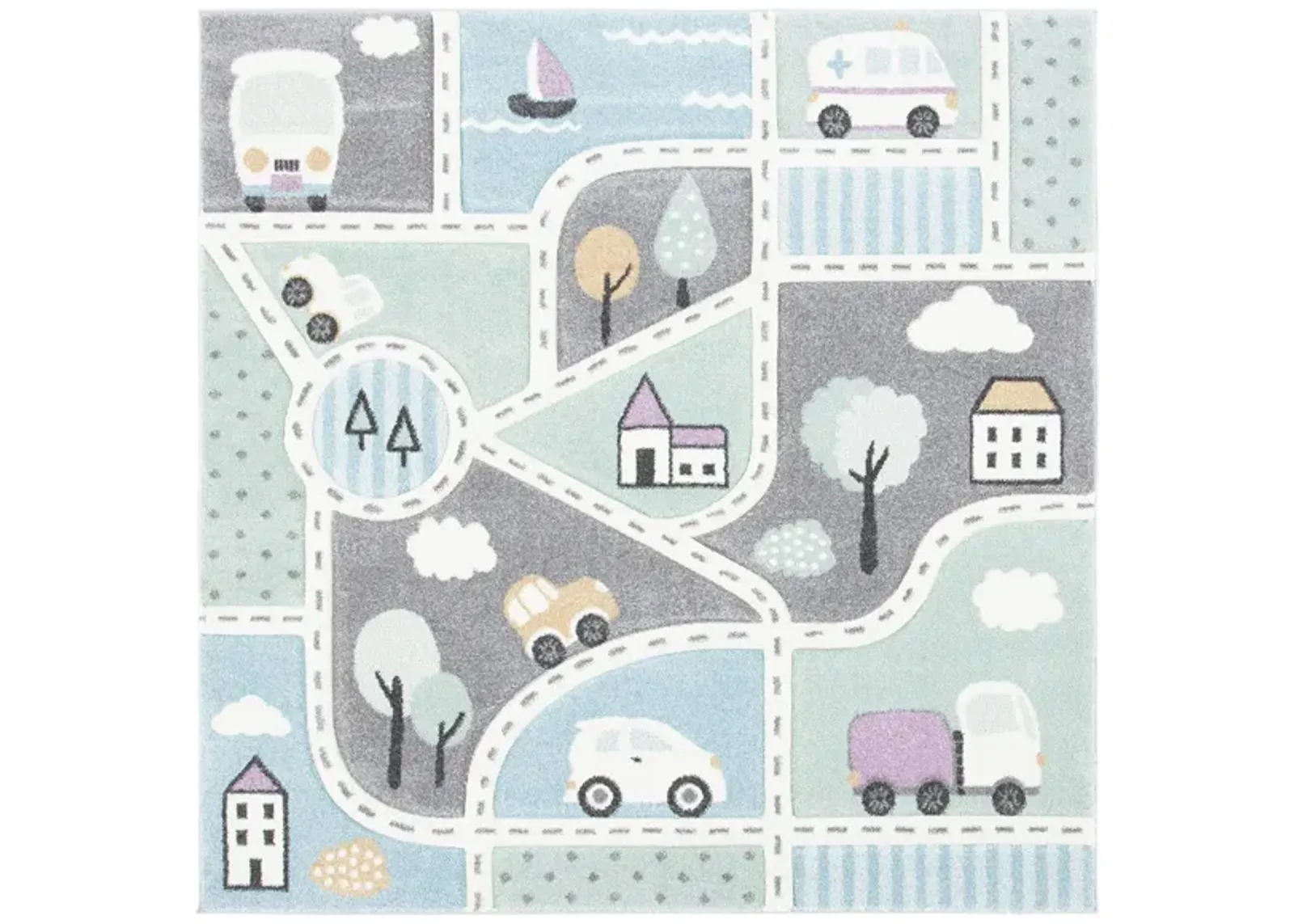 Carousel Cars Kids Area Rug in Gray & Light Blue by Safavieh