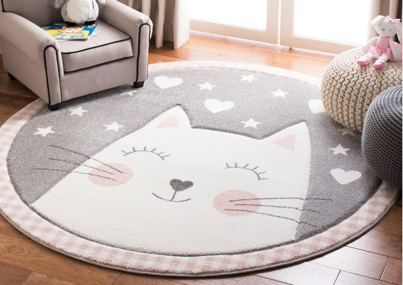 Carousel Kitty Kids Area Rug Round in Pink & Gray by Safavieh