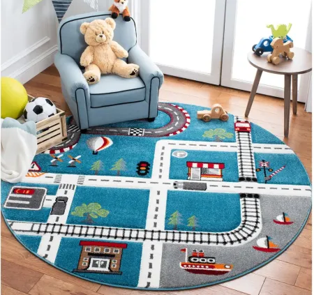 Carousel Cars Kids Area Rug Round in Turquoise & Ivory by Safavieh