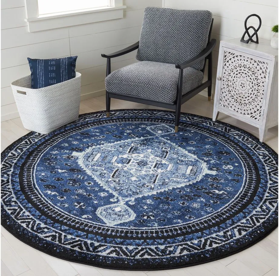 Vintage Hamadan Blue Area Rug Round in Blue & Black by Safavieh