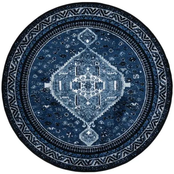 Vintage Hamadan Blue Area Rug Round