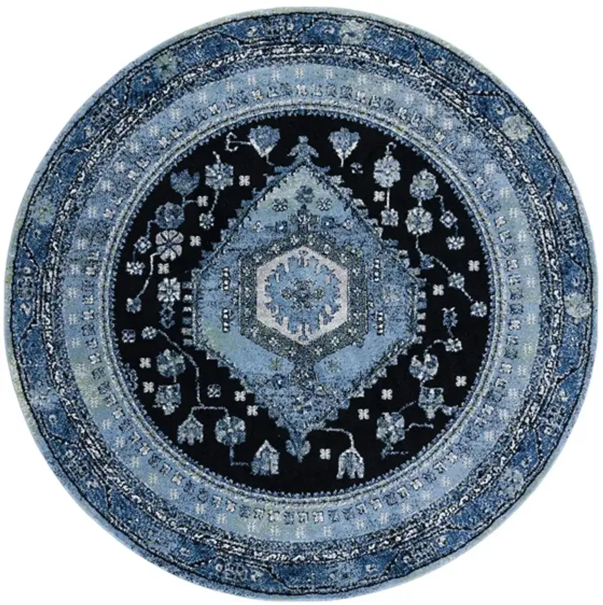 Hamadan Area Rug Round in Light Blue & Black by Safavieh