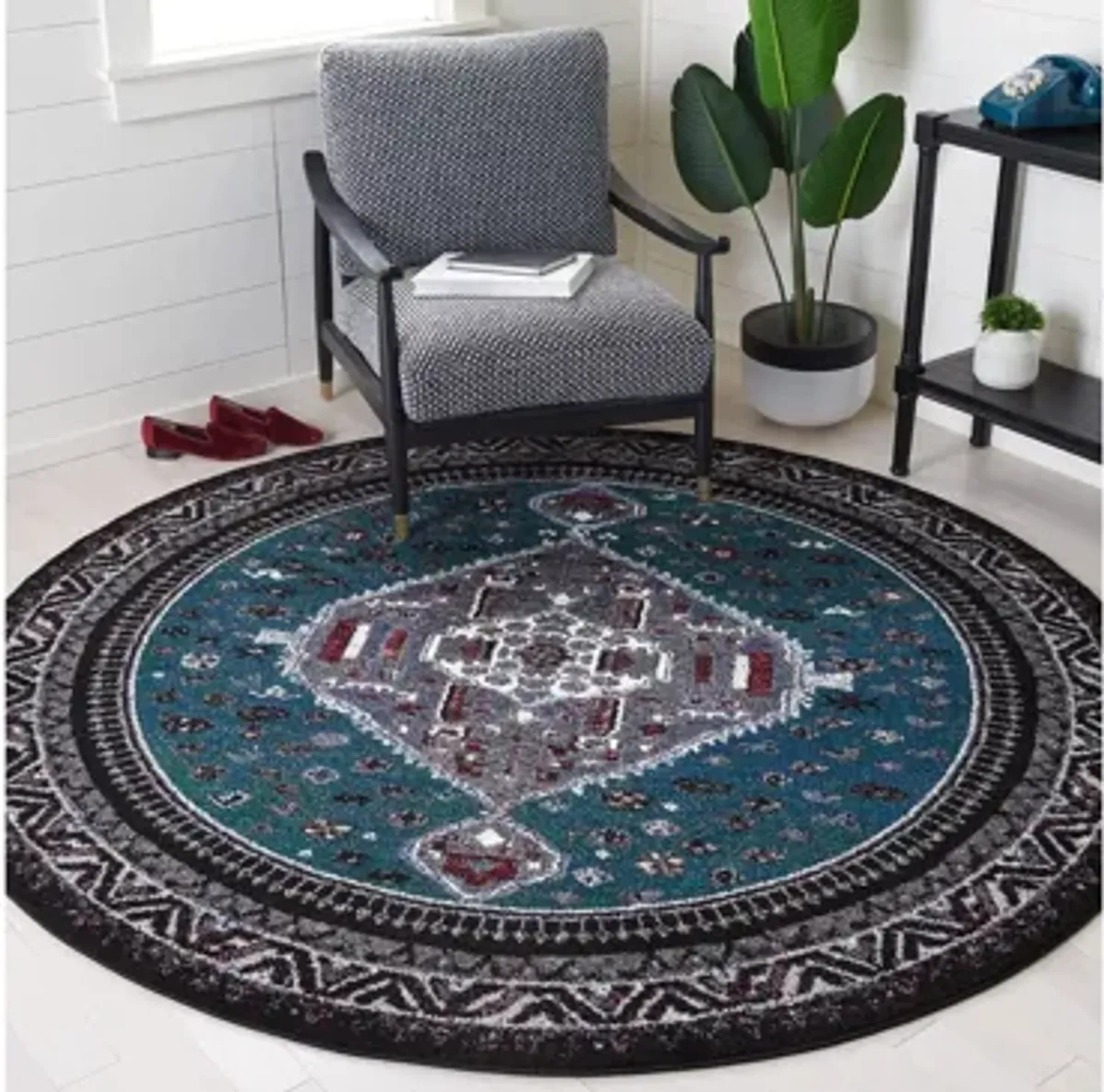 Vintage Hamadan Green Area Rug Round