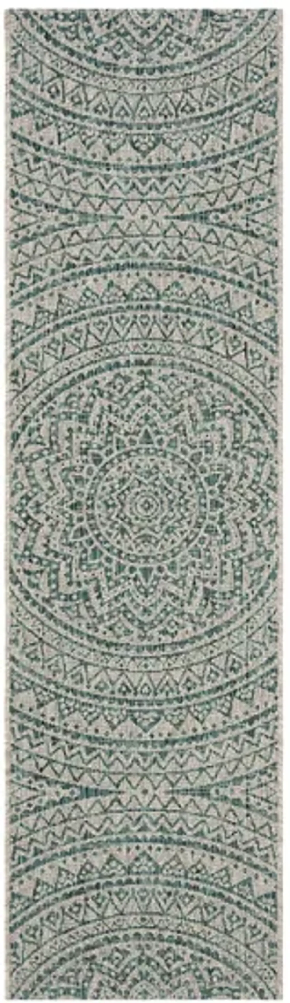 Courtyard Mandala Indoor/Outdoor Runner Rug in Light Gray & Teal by Safavieh