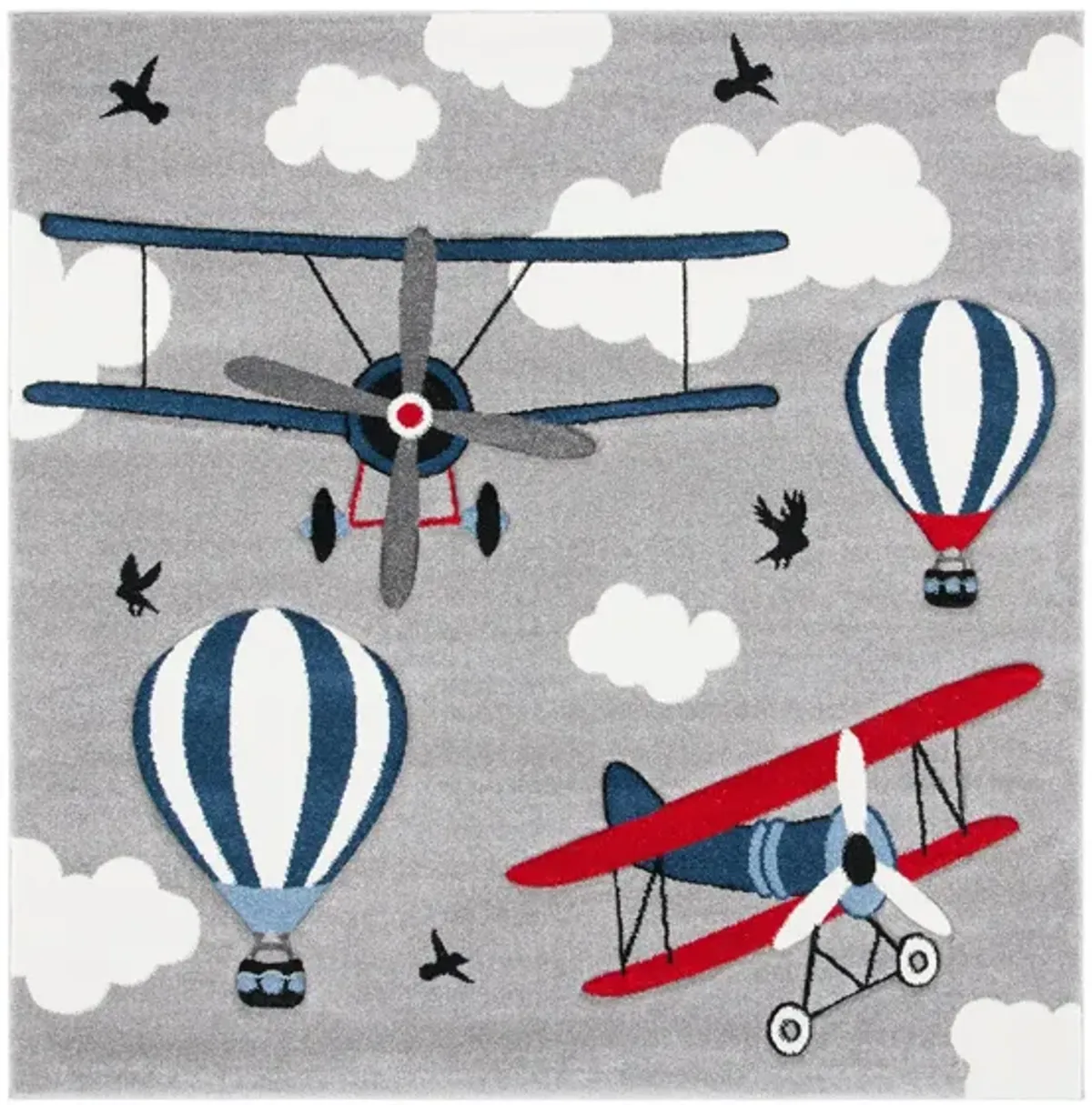 Carousel Airplanes Kids Area Rug in Light Gray & Red by Safavieh