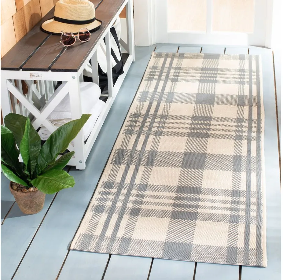 Courtyard Plaid Indoor/Outdoor Runner Rug in Gray & Bone by Safavieh