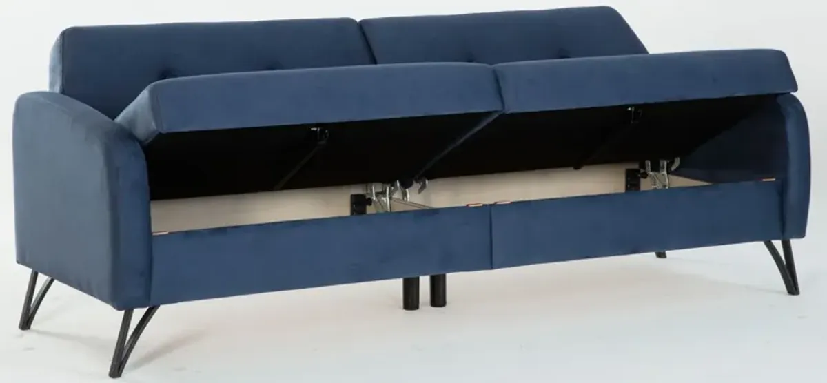 Covington Tufted Futon Sofa with Storage in Blue by HUDSON GLOBAL MARKETING USA