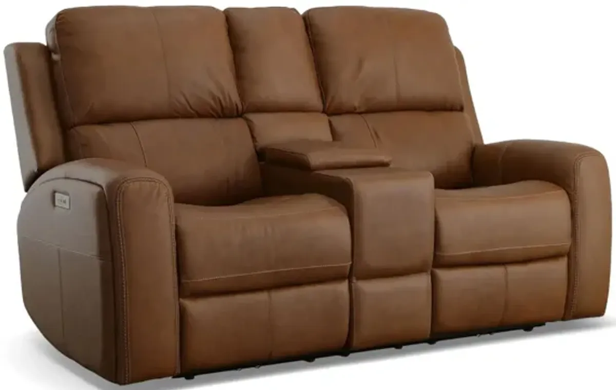 Linden Leather Power Reclining Loveseat with Console with Power Headrest and Lumbar