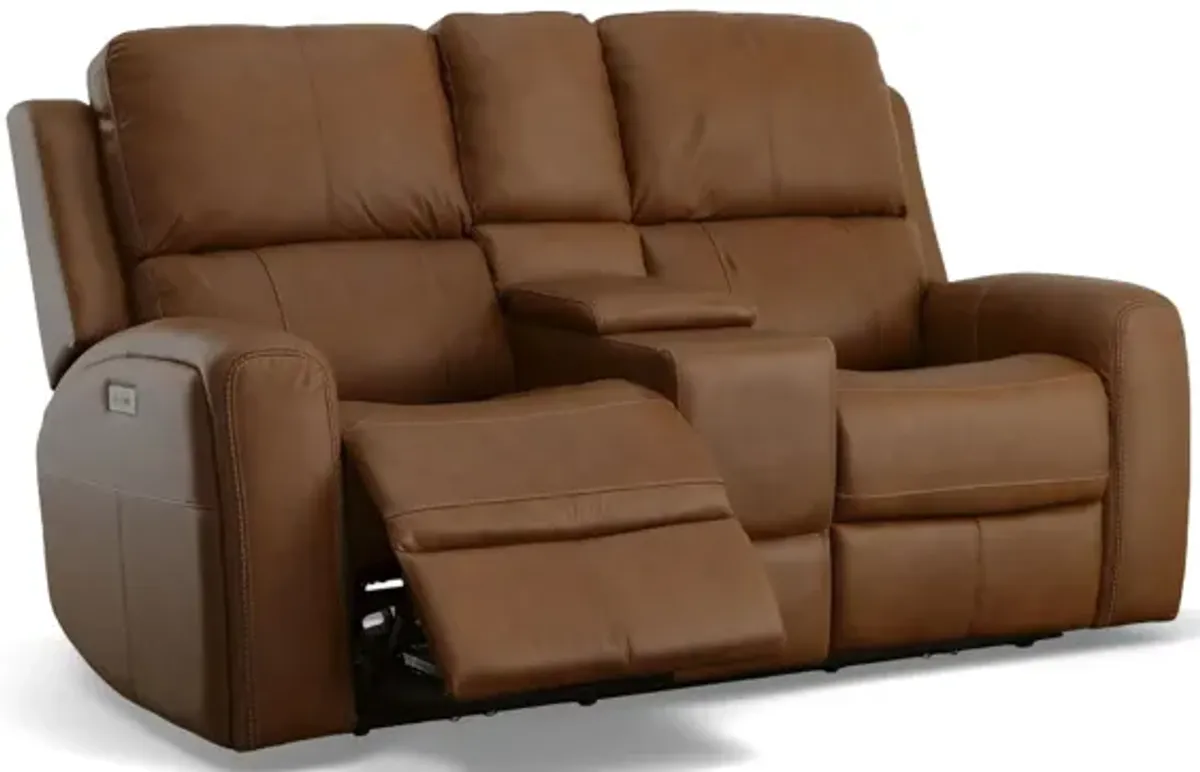 Linden Leather Power Reclining Loveseat with Console with Power Headrest and Lumbar