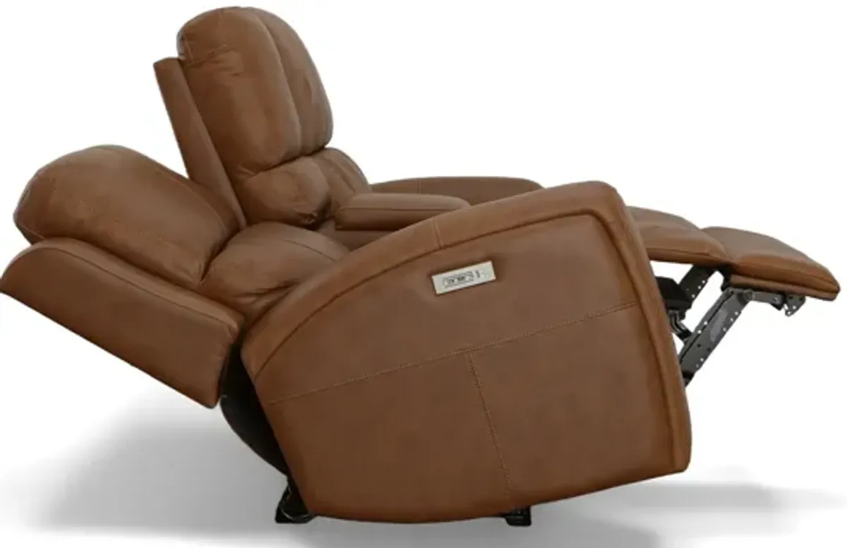 Linden Leather Power Reclining Loveseat with Console with Power Headrest and Lumbar in Caramel by Flexsteel