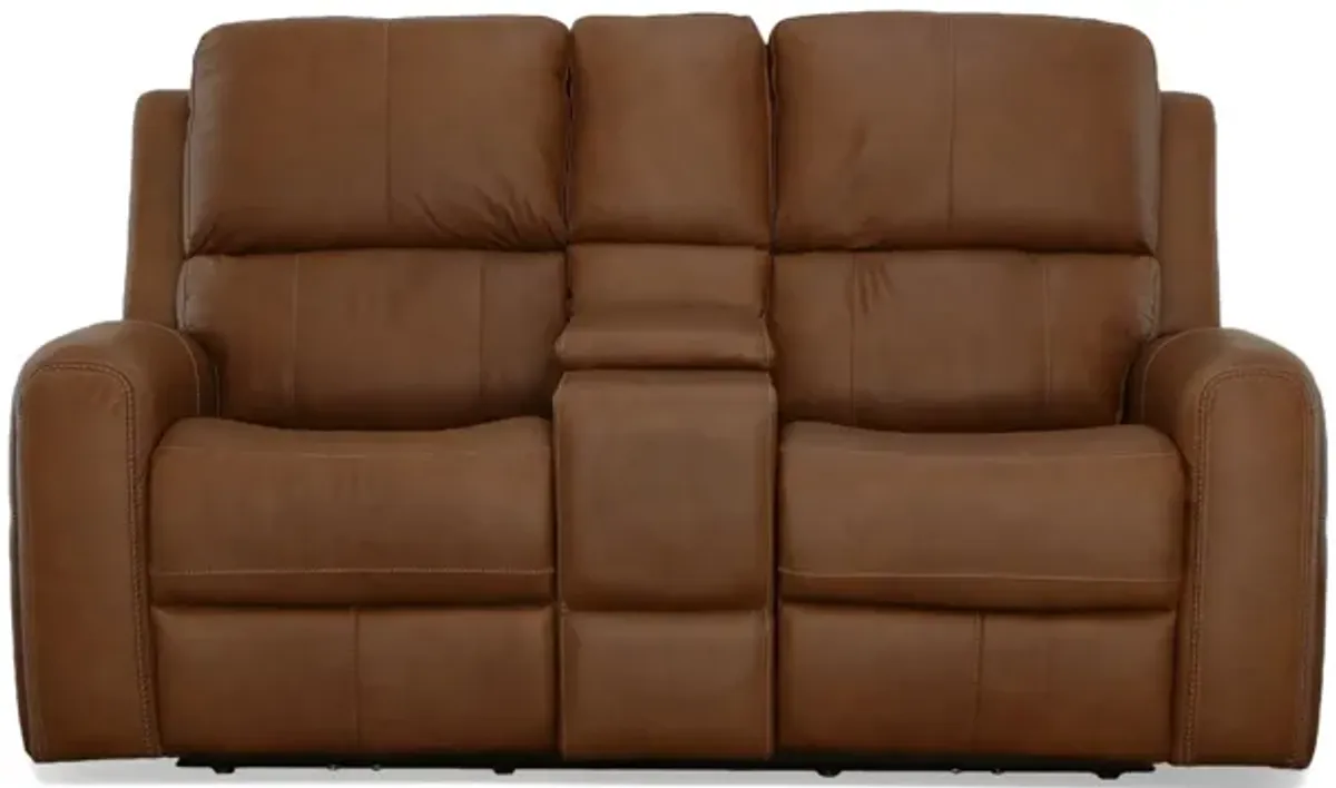 Linden Leather Power Reclining Loveseat with Console with Power Headrest and Lumbar in Caramel by Flexsteel