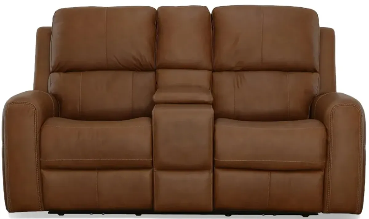 Linden Leather Power Reclining Loveseat with Console with Power Headrest and Lumbar