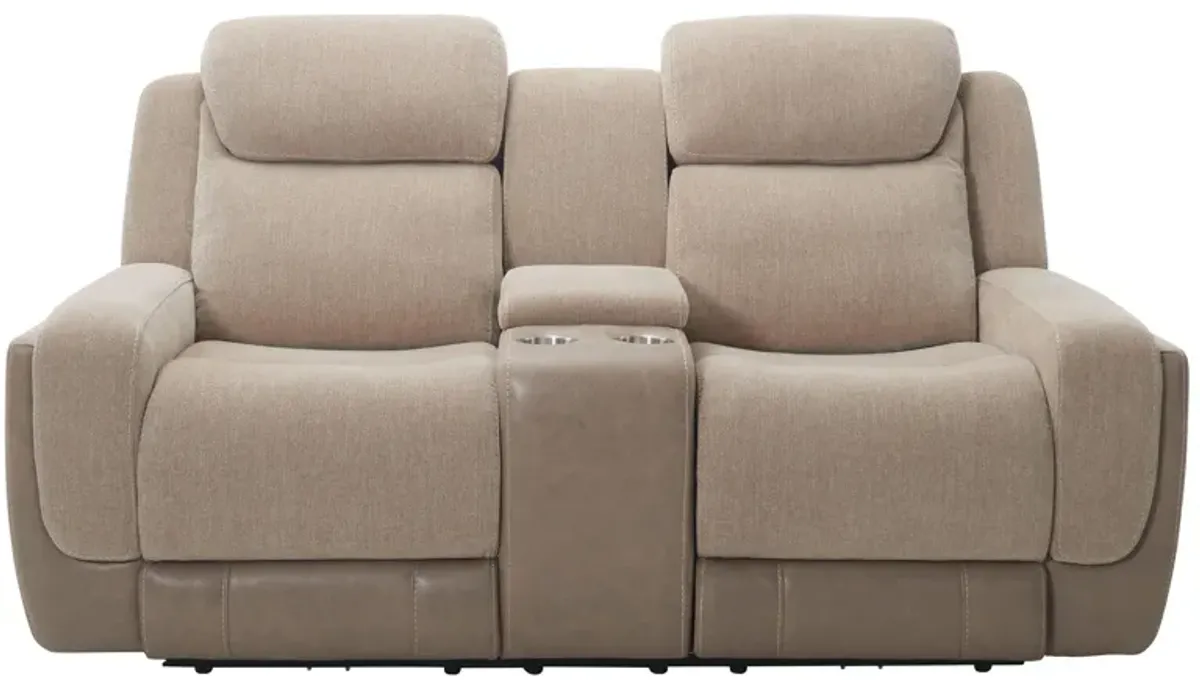 Novah Zero Gravity Power Console Loveseat w/ Power Headrest in Aden Sand / Devin Latte Beige by Bellanest