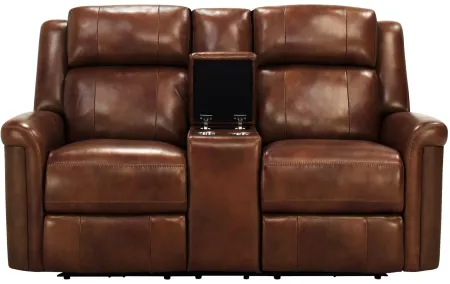 Richfield Leather Power Console Loveseat with Power Headrest and Lumbar in Brown by Bellanest