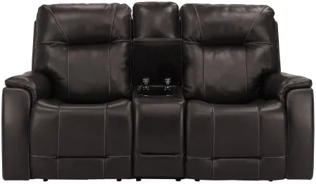 Barnett Leather Layflat Power Console Loveseat w/ Power Headrest and Lumbar in Brown by Bellanest