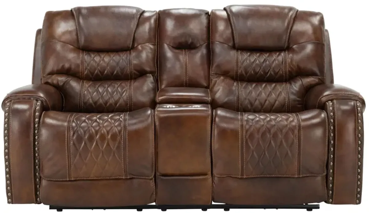 Ballard Power Console Loveseat w/Power Headrest in Vintage Caramel by Corinthian