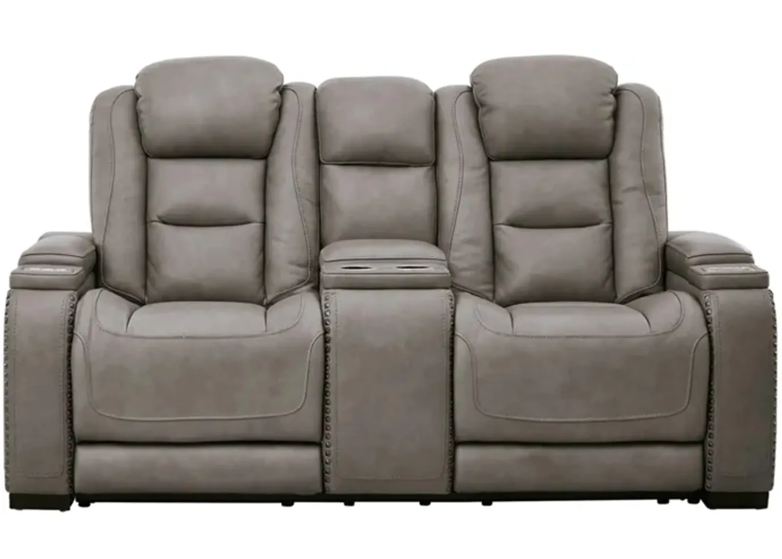 The Man-Den Power Recliner Loveseat with Console and Adjustable Headrest in Gray by Ashley Furniture