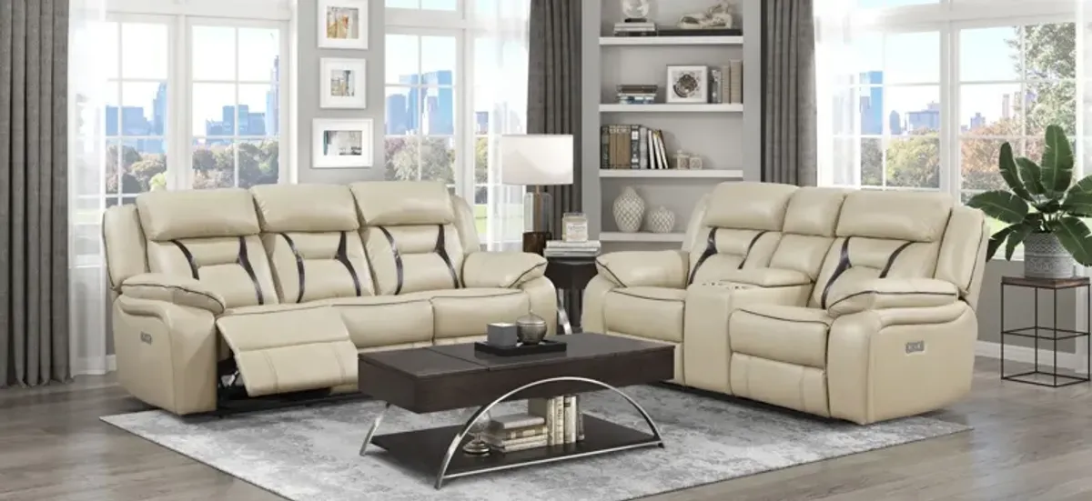 Austin Power Double Reclining Loveseat With Center Console in Beige by Homelegance