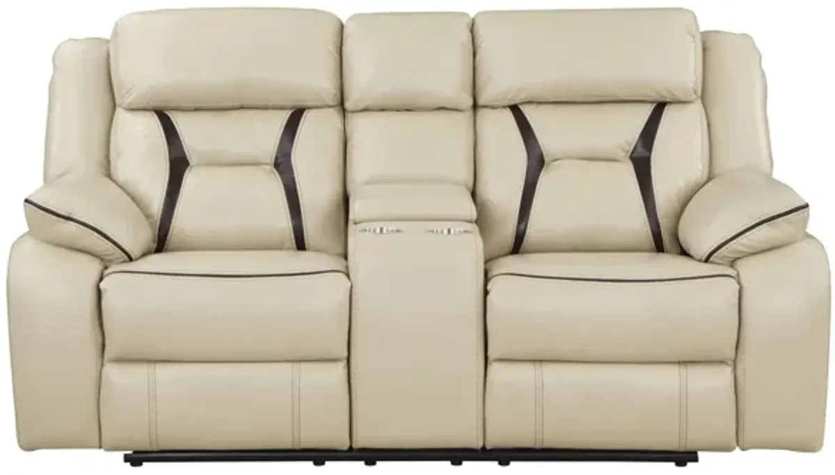 Austin Power Double Reclining Loveseat With Center Console in Beige by Homelegance