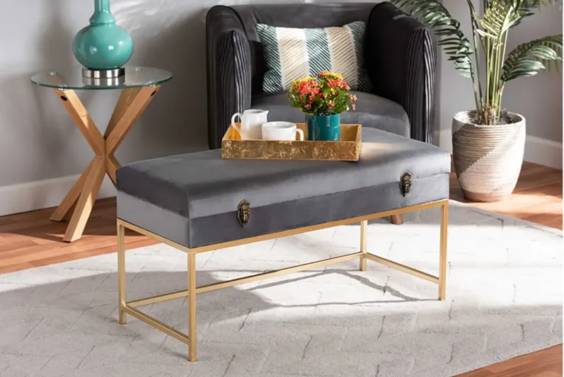 Aliana Storage Ottoman in Gray/Gold by Wholesale Interiors